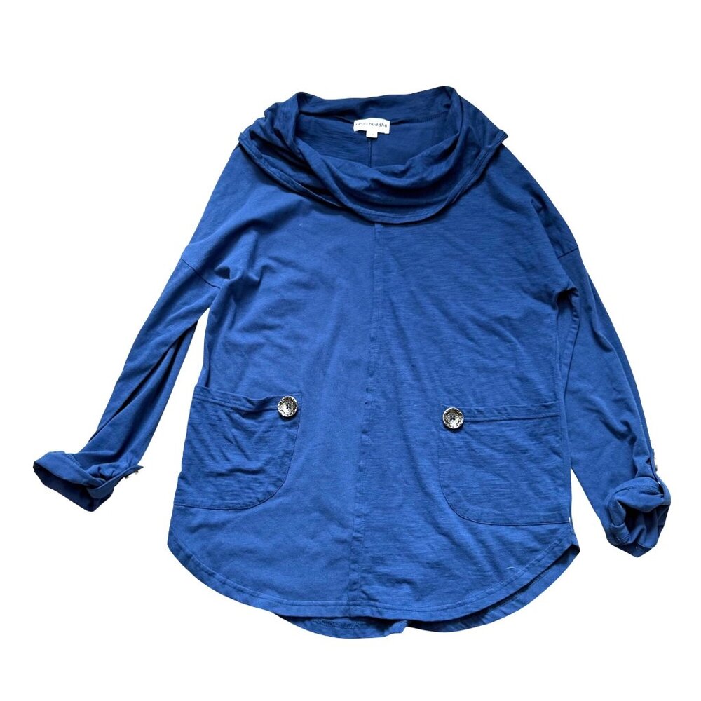 Neon Buddha Women's Tunic Top M Blue Cowl Neck Stretch Pockets Roll Tab Sleeve